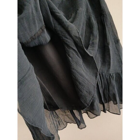 Y2K Womens 12 100% Silk Skirt  Black Crepe Tiered  Knee Length Boho Gothic - Picture 7 of 10